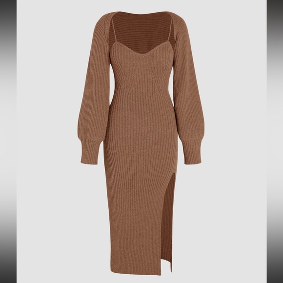 Cider NWT Brown Ribbed Knit Midi Dress & Shrug Set - Large - Picture 2 of 6
